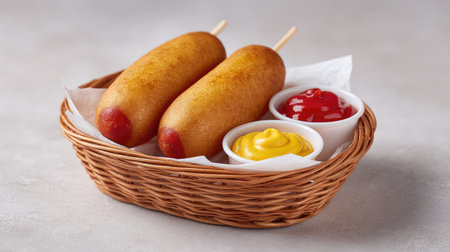 Mini corn dogs with ketchup and mustard placed in paper basket on light surface with spaceの素材