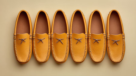 Leather moccasins arranged symmetrically on beige background with copy space to the sideの素材