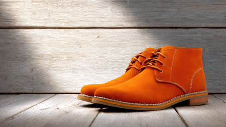 Men's desert boots isolated on vintage wood texture with stylish shadows and spaceの素材