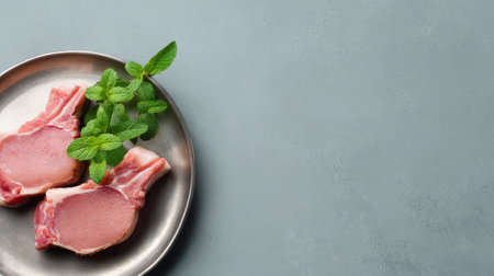 Minimalist background with cold pork chops placed on a silver surface and room for text layoutの素材
