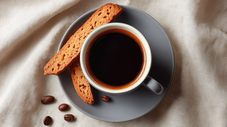 Overhead view of coffee cup and saucer with biscotti and coffee beans scattered on white linen with layout roomの素材
