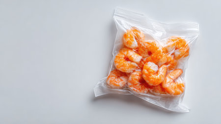 Minimal composition of frozen shrimp in vacuum packaging placed on a white surface with clean spaceの素材