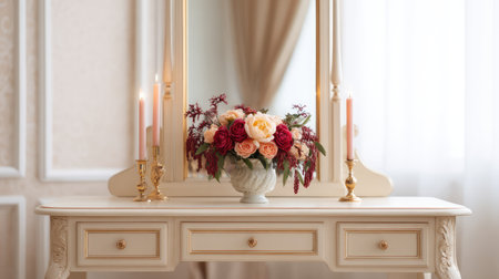 Light-colored dressing table top decorated with candles and flowers, leaving room for copy spaceの素材