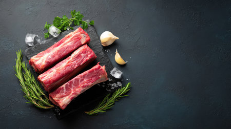 Neatly arranged beef ribs on dark slate with fresh herbs, garlic, and ice cubes, surrounded by empty spaceの素材