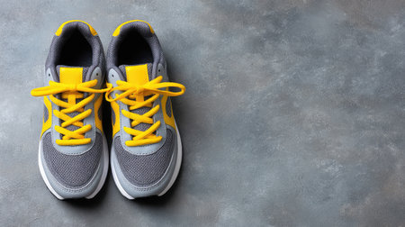 Pair of gym training shoes on concrete background with copy space and overhead viewの素材