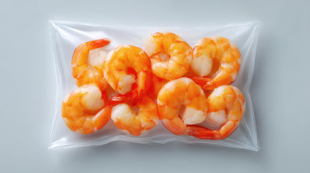 Minimal composition of frozen shrimp in vacuum packaging placed on a white surface with clean spaceの素材