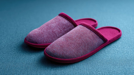 Pair of house slippers made of soft fabric on a carpet surface with clean layout spaceの素材