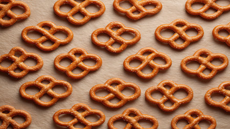 Overhead shot of pretzels arranged in a pattern on baking paper with empty space on sidesの素材