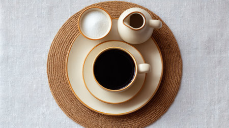 Overhead shot of a coffee set including cup, saucer, sugar bowl, and milk jug on a linen placemat with open backgroundの素材