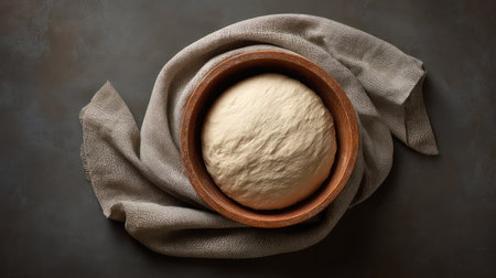 Overhead view of artisan bread dough rising in basket with linen cloth and copy spaceの素材
