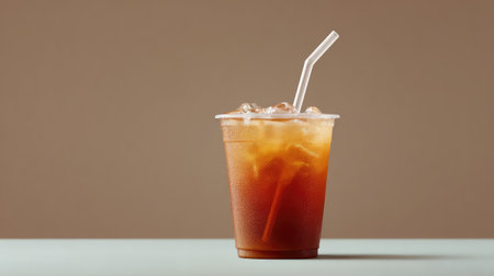 Minimalist shot of a cold coffee drink in a plastic cup with a straw, placed on neutral surface with spaceの素材