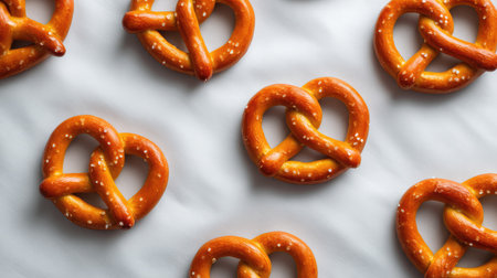 Overhead shot of pretzels arranged in a pattern on baking paper with empty space on sidesの素材