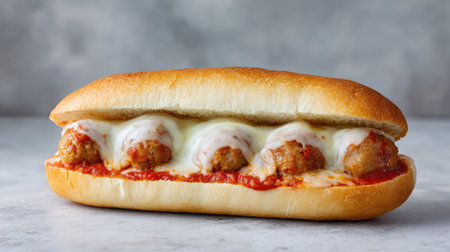 Meatball sub sandwich on hoagie roll with marinara sauce and melted cheese on neutral surfaceの素材