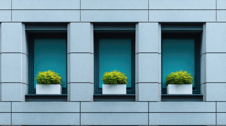 Office building facade with large windows and visible interior plants, sunny day and negative spaceの素材