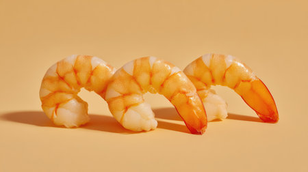 Minimalist style presentation of shrimp tails isolated on plain light surface with open spaceの素材