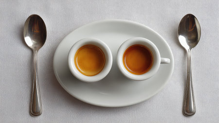 Overhead shot of espresso set with two small cups, saucers, and silver spoons on white linen with clean spaceの素材