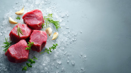Overhead shot of beef cuts arranged on crushed ice with herbs and garlic, clean copy space visibleの素材