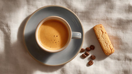 Overhead view of coffee cup and saucer with biscotti and coffee beans scattered on white linen with layout roomの素材