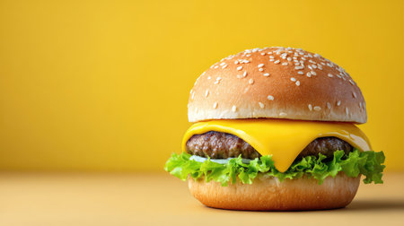 Plain cheeseburger with sesame seed bun on pastel surface with wide empty spaceの素材