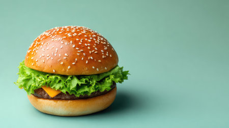 Plain cheeseburger with sesame seed bun on pastel surface with wide empty spaceの素材