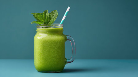 Refreshing green smoothie in a mason jar with mint leaves and a wide copy space aroundの素材