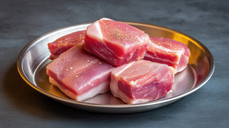 Raw cold pork belly pieces with cracked pepper on top placed on a cold metal plate with spaceの素材