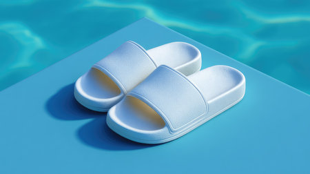 Pair of minimalist white slides on blue poolside surface with shadows and empty spaceの素材