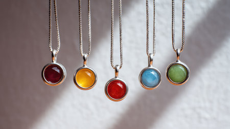 Set of birthstone necklaces on neutral background with soft light and open space for overlayの素材