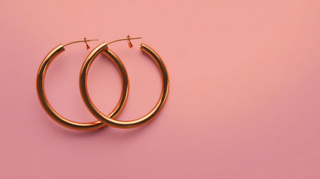 Rose gold hoops placed diagonally on pale pastel background with elegant empty spaceの素材