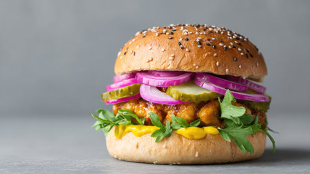 Spicy chicken sandwich on sesame bun with pickles and sauce on neutral background with copy spaceの素材