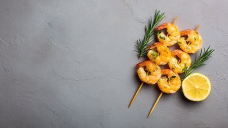 Top-down image of grilled shrimp skewers placed on a textured background with empty layout areaの素材