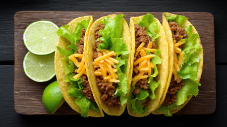 Tacos filled with meat, cheese, and lettuce arranged neatly with lime slices on rustic backgroundの素材