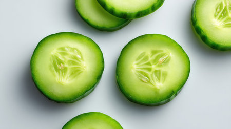 Top view of sliced cucumbers in clean geometric layout on light surface with open spaceの素材