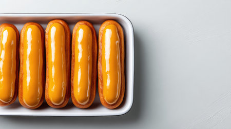 Tray of glazed clairs arranged neatly with clean white background and copy spaceの素材