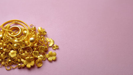 Top view of gold-plated jewelry pieces scattered on a soft pastel background with spaceの素材
