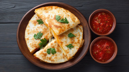 Top view of sliced quesadilla with cheese pull on wooden plate with dipping bowls and spaceの素材