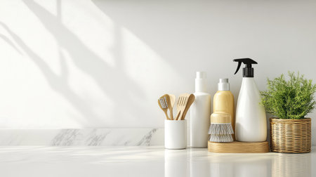 A set of eco-friendly cleaning supplies arranged on a white surface, ample space left for text copyの素材