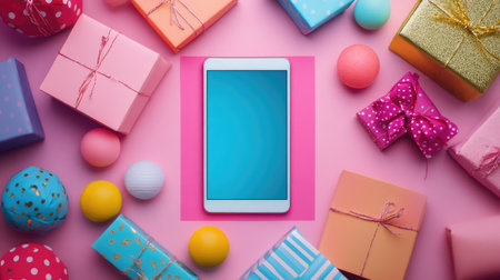 Flat lay of an online shopping app interface on a tablet, with empty space for product promotion or sales-related textの素材