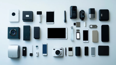 Minimalist tech setup on a white desk with smart gadgets, digital tablet, and copy space wallの素材