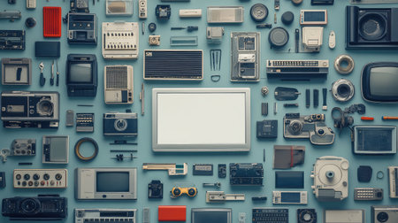 Flat lay with tech gadgets, office tools and laptop with blank screen, surrounded by clear copy spaceの素材