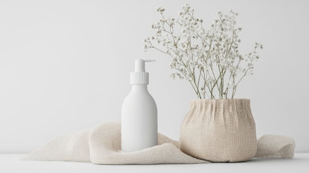 Product mockup with neutral background, minimalistic packaging, and clear space for e-commerce promotional materialの素材