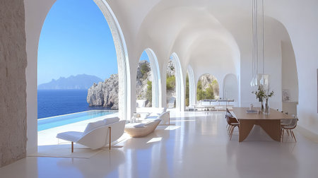 Open-plan office space with long desk setup, clean white interiors, modern seating, and copy space in backgroundの素材