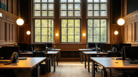 Trendy coworking zone with wall-mounted lighting, neat desks, and copy space along sidewallの素材