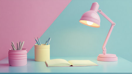 Simple modern desk layout with open notebook, desk lamp, and pastel tones, featuring clear space for text overlayの素材