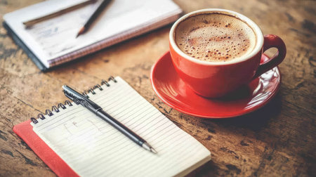 Smartphone, coffee cup, and notepad on soft-toned desk with copy space built into the layoutの素材
