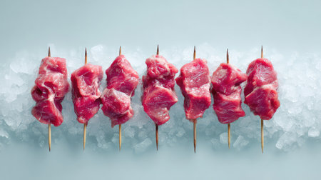 Arrangement of chilled raw meat skewers on ice in top-down view with clean background and spaceの素材