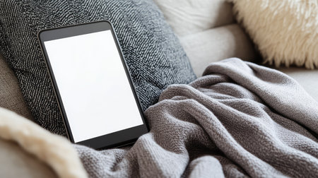 Smartphone with blank white screen lying on couch, surrounded by soft pillows and online browsing conceptの素材
