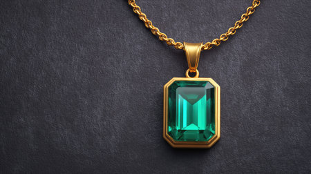 A single emerald pendant necklace centered on dark background with empty spaceの素材