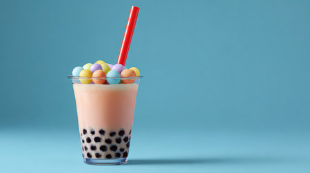 Clear cup of bubble tea with colorful pearls on pastel background with negative layout spaceの素材