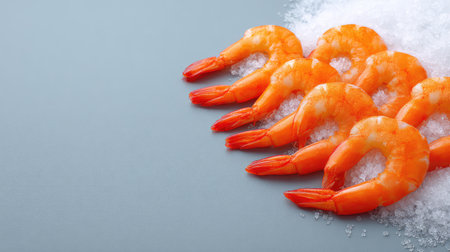Close-up of peeled shrimp arranged neatly on ice with visible frost and space for text layoutの素材